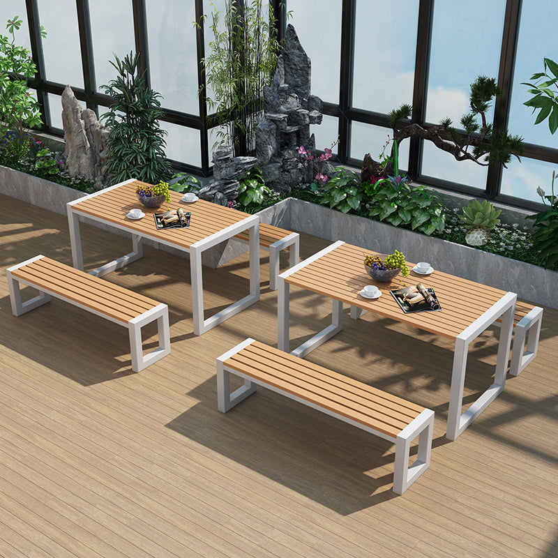 Industrial Rectangle Patio Dining Table 3 PCS Wood Dining Set with Bench