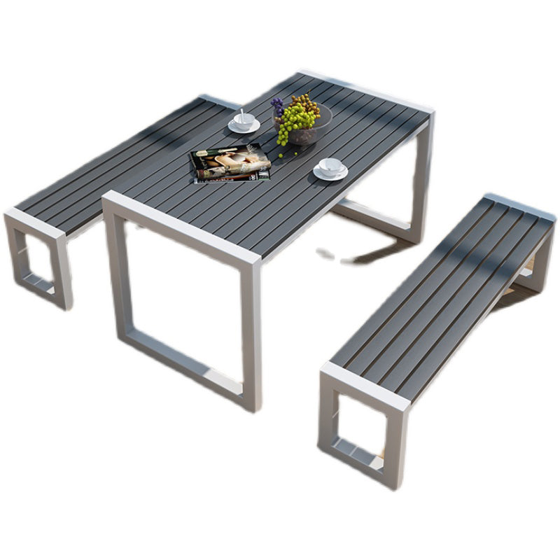 Industrial Rectangle Patio Dining Table 3 PCS Wood Dining Set with Bench