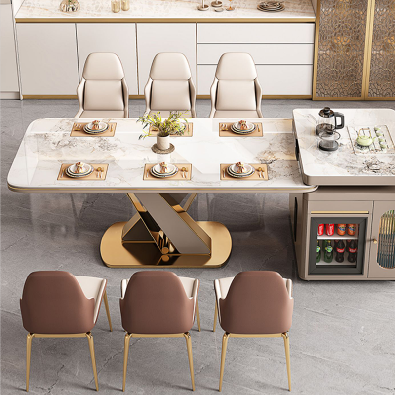 Glossy Beige Dinette Table with Metal Base Modern Dining Table for Home