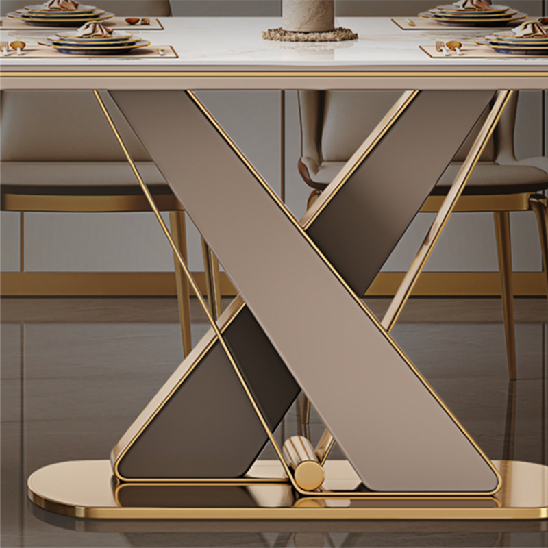 Glossy Beige Dinette Table with Metal Base Modern Dining Table for Home