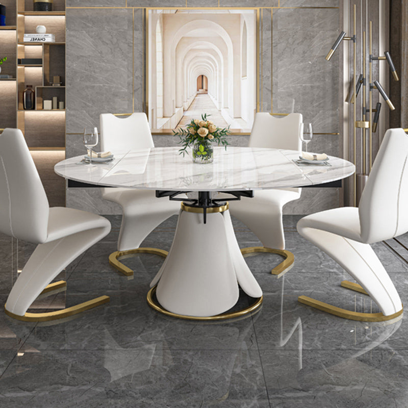Glossy White Stone Dinette Table with Pedestal Modern Dining Table for Home