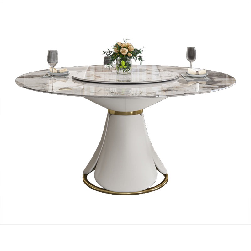 Glossy White Stone Dinette Table with Pedestal Modern Dining Table for Home
