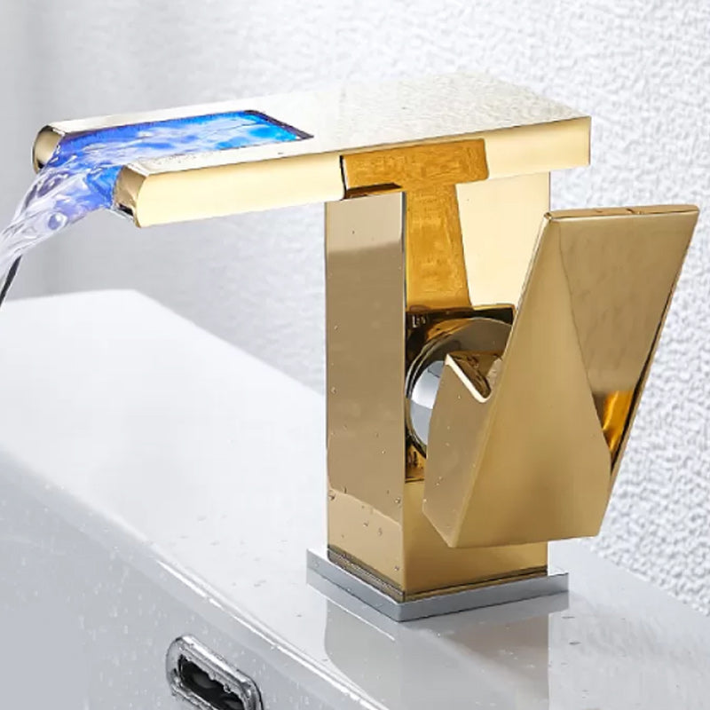 Waterfall Spout Vessel Sink Faucet Square Lever Handle with LED Three-Color Light