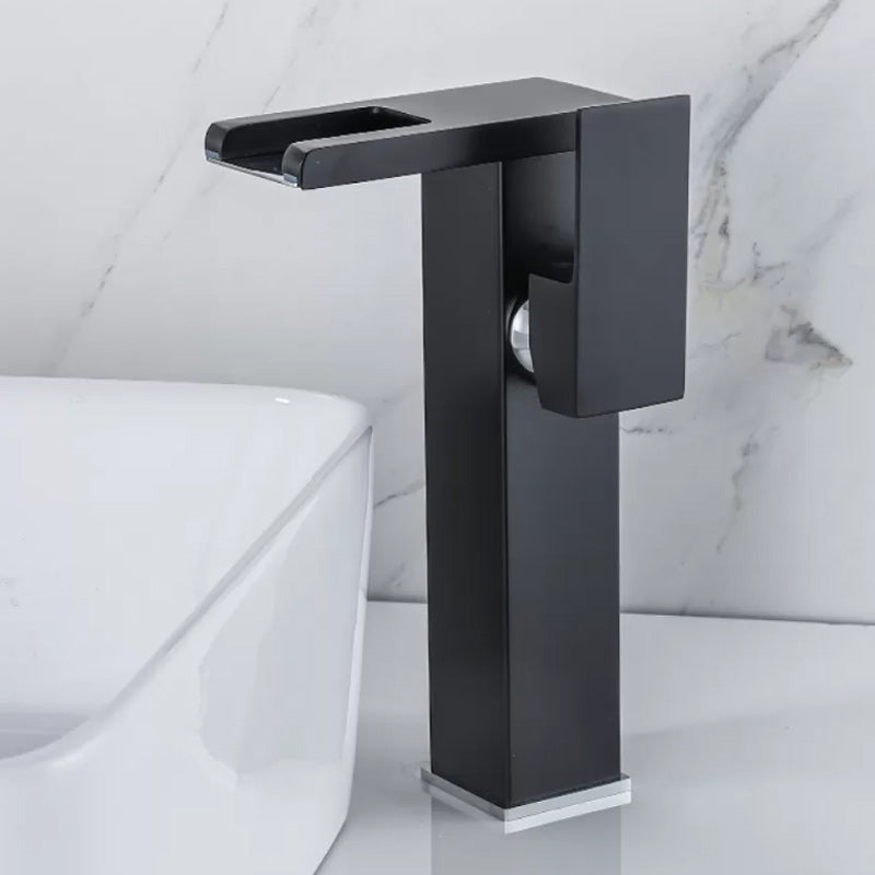 Waterfall Spout Vessel Sink Faucet Square Lever Handle with LED Three-Color Light