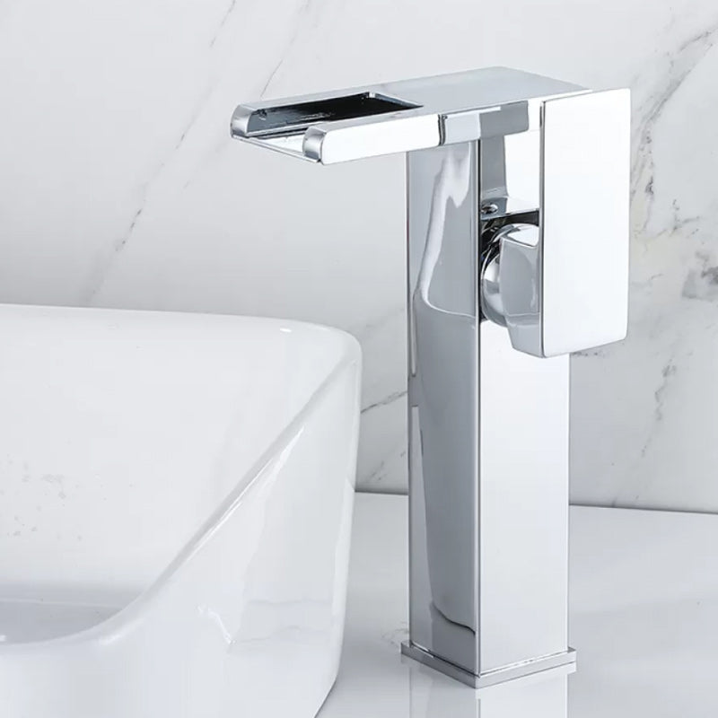 Waterfall Spout Vessel Sink Faucet Square Lever Handle with LED Three-Color Light