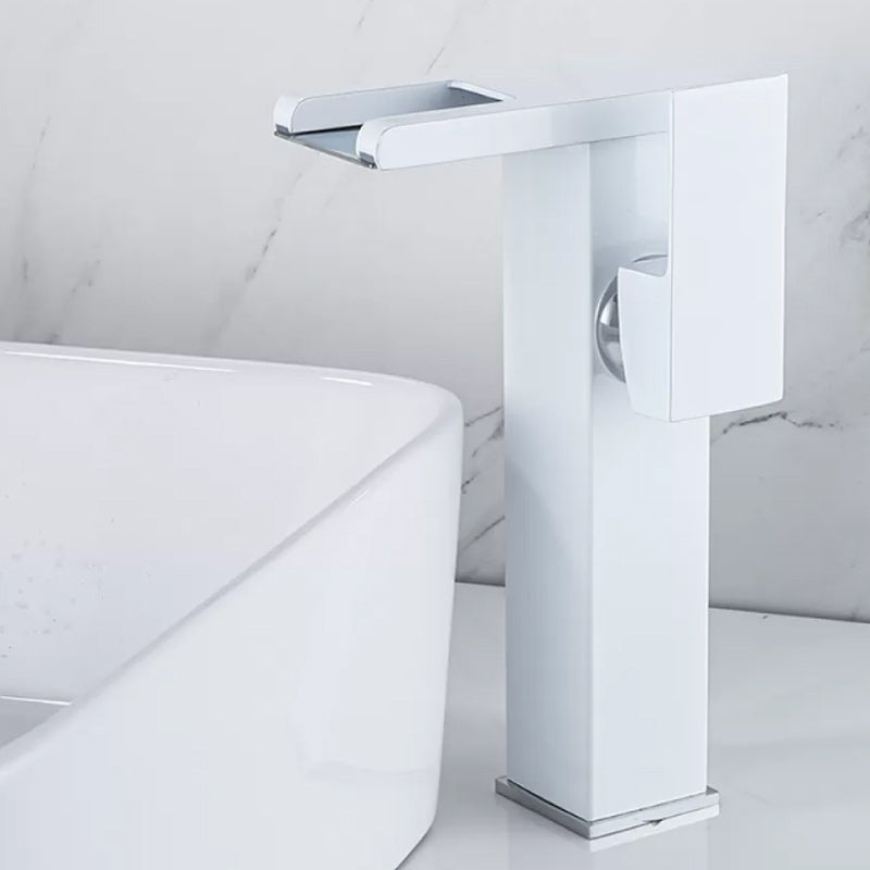 Waterfall Spout Vessel Sink Faucet Square Lever Handle with LED Three-Color Light