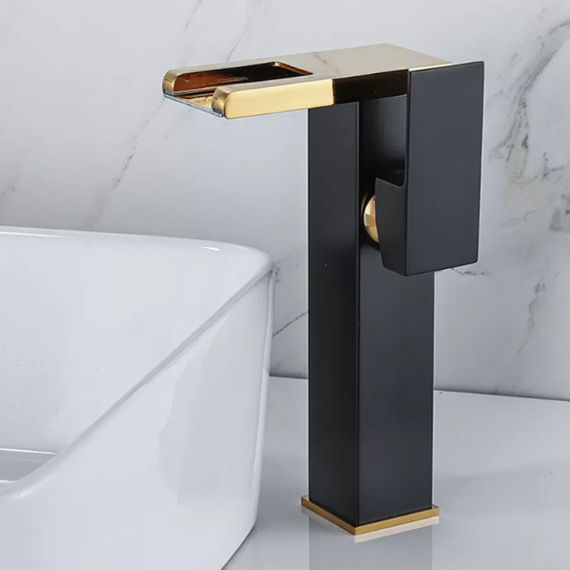 Waterfall Spout Vessel Sink Faucet Square Lever Handle with LED Three-Color Light