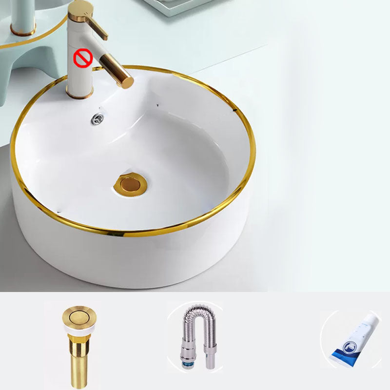 Round Bathroom Sink Ceramic Washroom Sink with Rod Handle Faucet