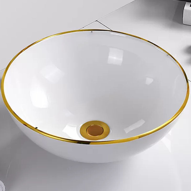 Round Bathroom Sink Ceramic Washroom Sink with Rod Handle Faucet