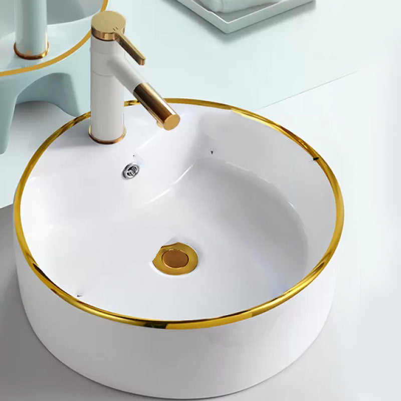 Round Bathroom Sink Ceramic Washroom Sink with Rod Handle Faucet
