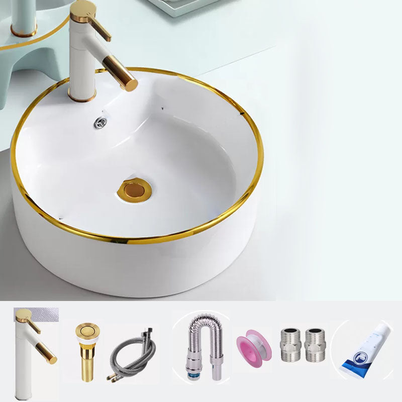 Round Bathroom Sink Ceramic Washroom Sink with Rod Handle Faucet