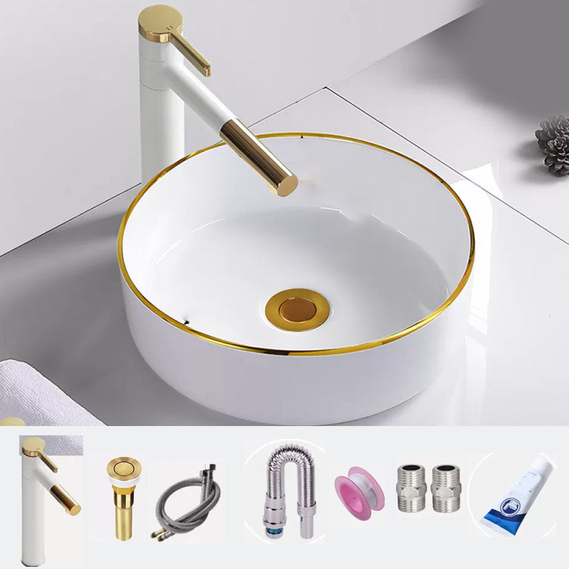 Round Bathroom Sink Ceramic Washroom Sink with Rod Handle Faucet