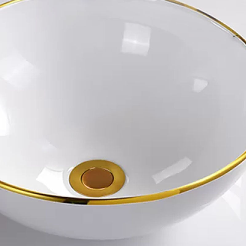 Round Bathroom Sink Ceramic Washroom Sink with Rod Handle Faucet