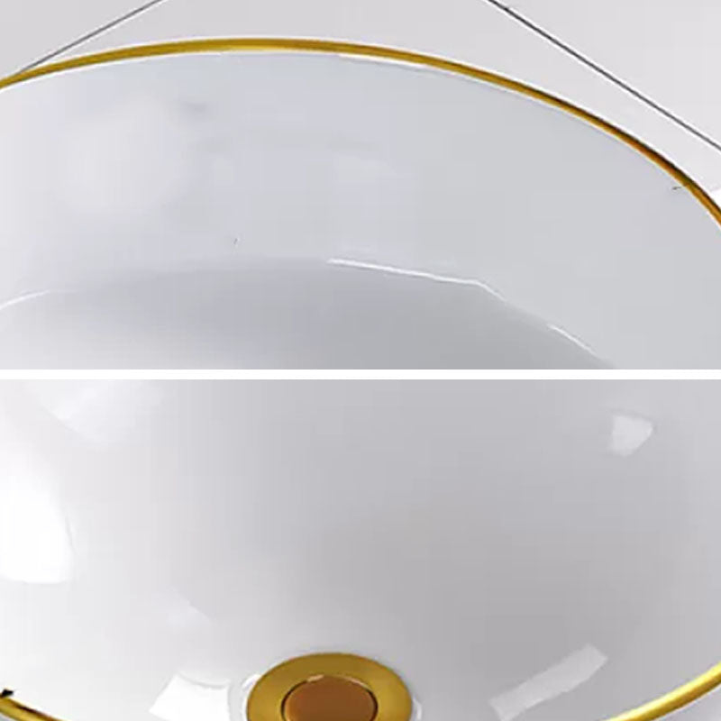 Round Bathroom Sink Ceramic Washroom Sink with Rod Handle Faucet