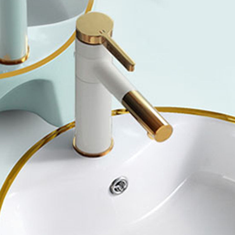 Round Bathroom Sink Ceramic Washroom Sink with Rod Handle Faucet
