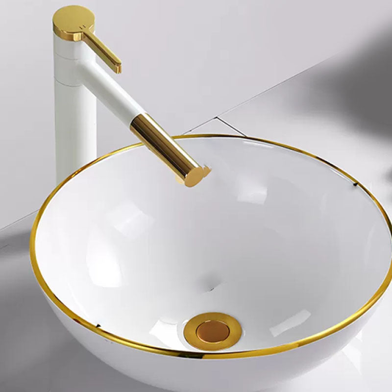 Round Bathroom Sink Ceramic Washroom Sink with Rod Handle Faucet