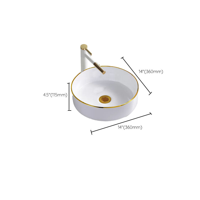 Round Bathroom Sink Ceramic Washroom Sink with Rod Handle Faucet