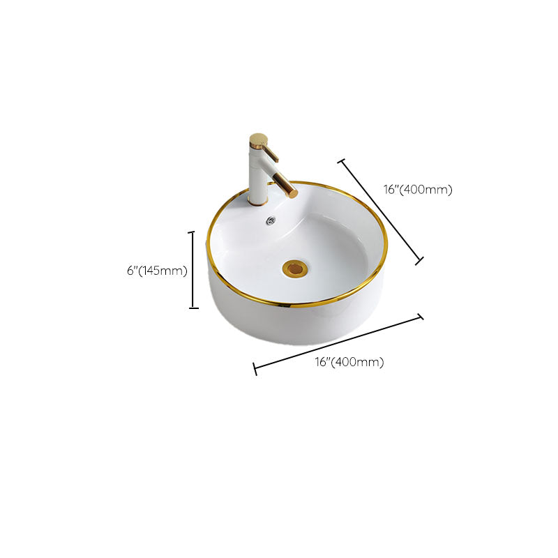 Round Bathroom Sink Ceramic Washroom Sink with Rod Handle Faucet