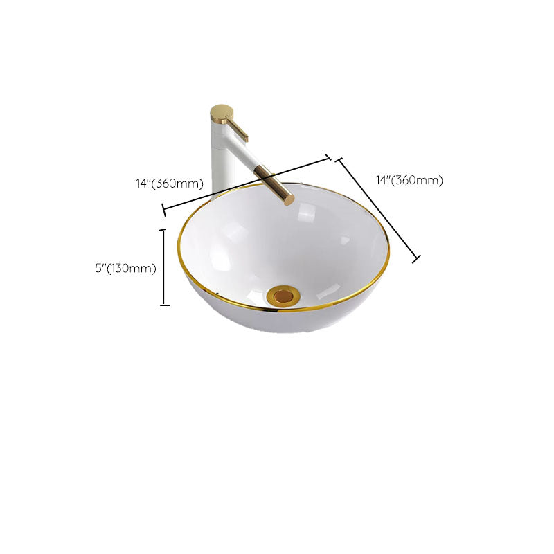 Round Bathroom Sink Ceramic Washroom Sink with Rod Handle Faucet