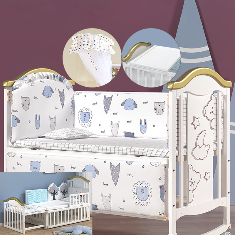 Scandinavian Convertible Crib in White 4-in-1 Nursery Crib with 2 Casters and Storage