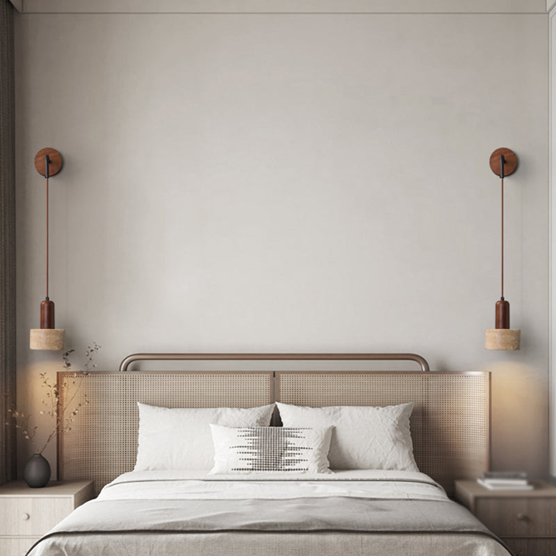 Stone and Wood Wall Lighting Cylinder Modern Wall Sconce in Brown