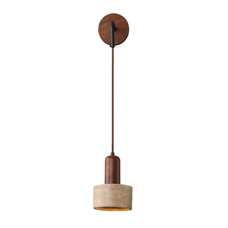 Stone and Wood Wall Lighting Cylinder Modern Wall Sconce in Brown