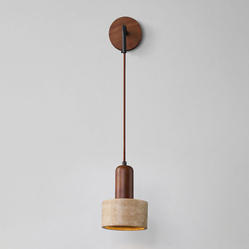 Stone and Wood Wall Lighting Cylinder Modern Wall Sconce in Brown
