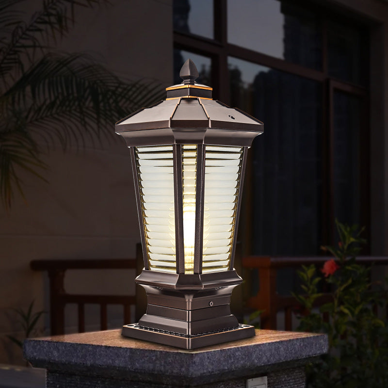 Metal Contemporary Pillar Lamp Pavilion Shape Outdoor Waterproof Light with Glass Shade