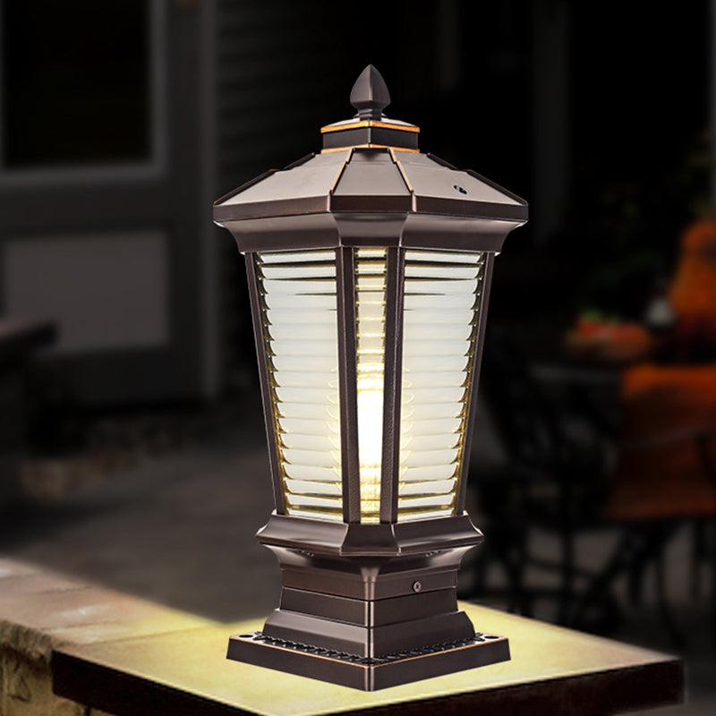 Metal Contemporary Pillar Lamp Pavilion Shape Outdoor Waterproof Light with Glass Shade