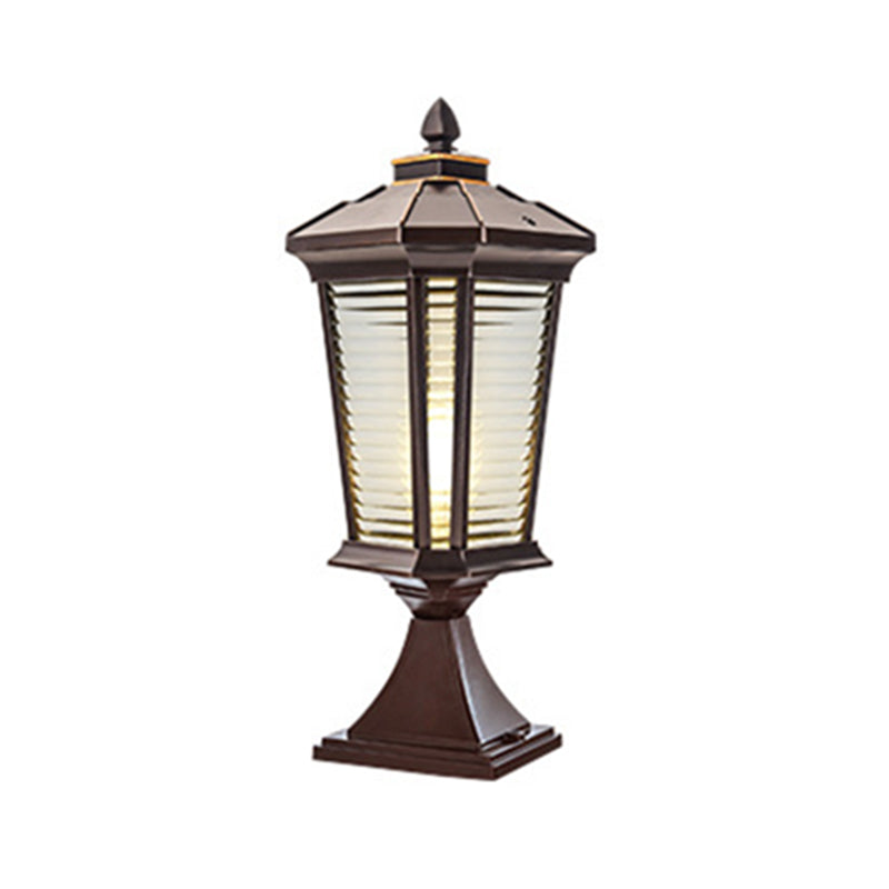 Metal Contemporary Pillar Lamp Pavilion Shape Outdoor Waterproof Light with Glass Shade