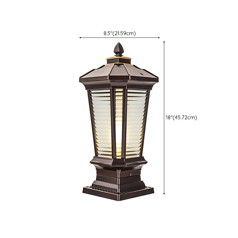 Metal Contemporary Pillar Lamp Pavilion Shape Outdoor Waterproof Light with Glass Shade