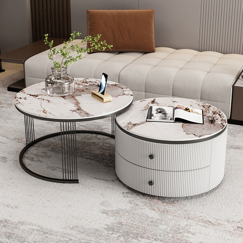Slate Round Coffee Table Frame Nesting Coffee Table Set for Living Room