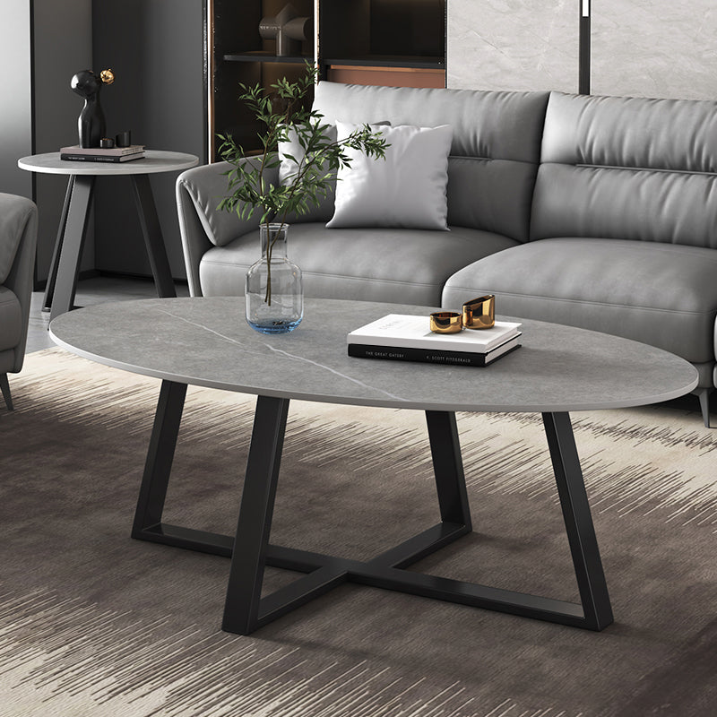 Slate Oval Coffee Table Cross Legs Single Table for Living Room