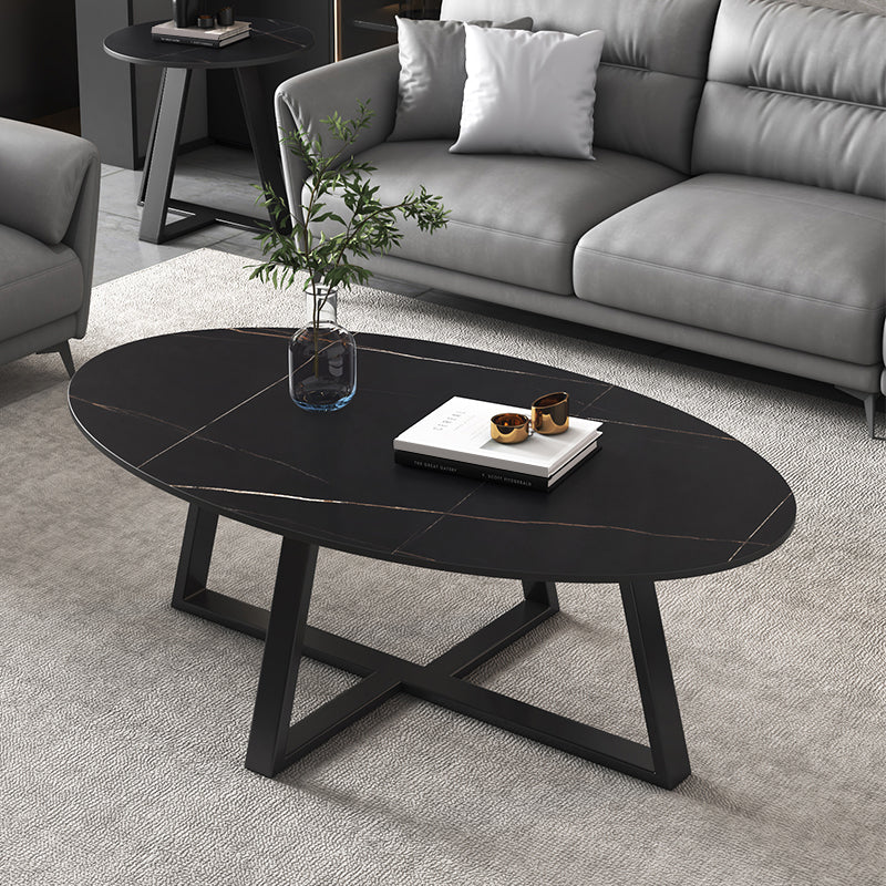 Slate Oval Coffee Table Cross Legs Single Table for Living Room