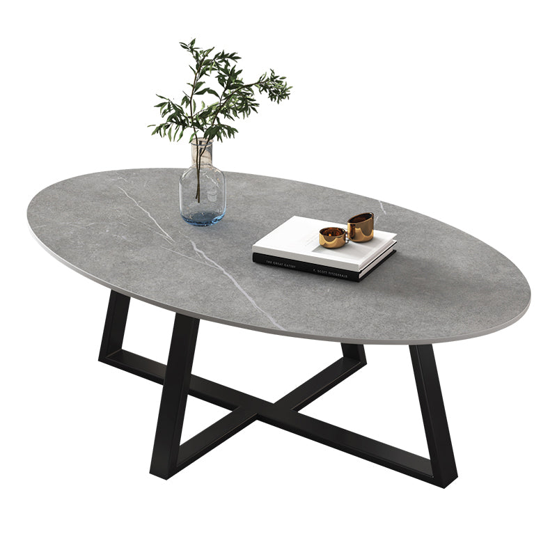 Slate Oval Coffee Table Cross Legs Single Table for Living Room