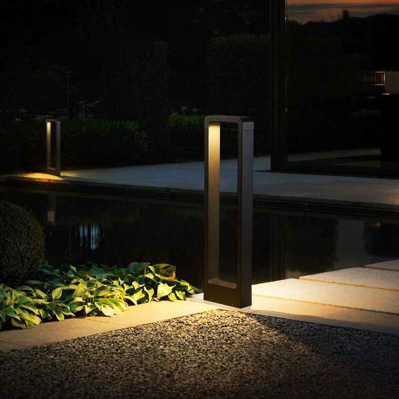 Contemporary Metal Pillar Lamp Rectangle Shape Outdoor Waterproof Light with Glass Shade