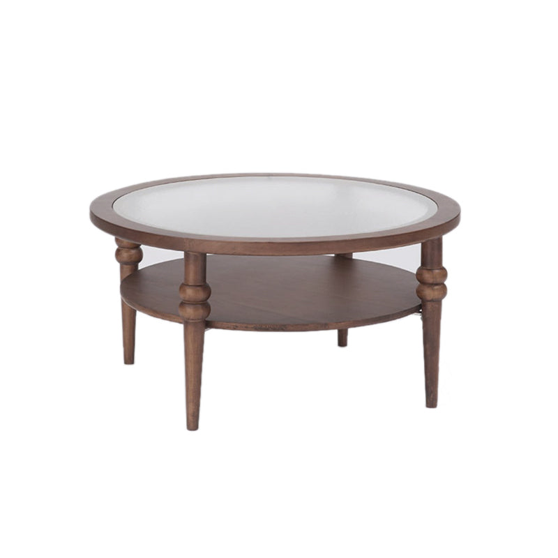 Modern Glass Top Coffee Table Solid Wood Brown Table with Storage