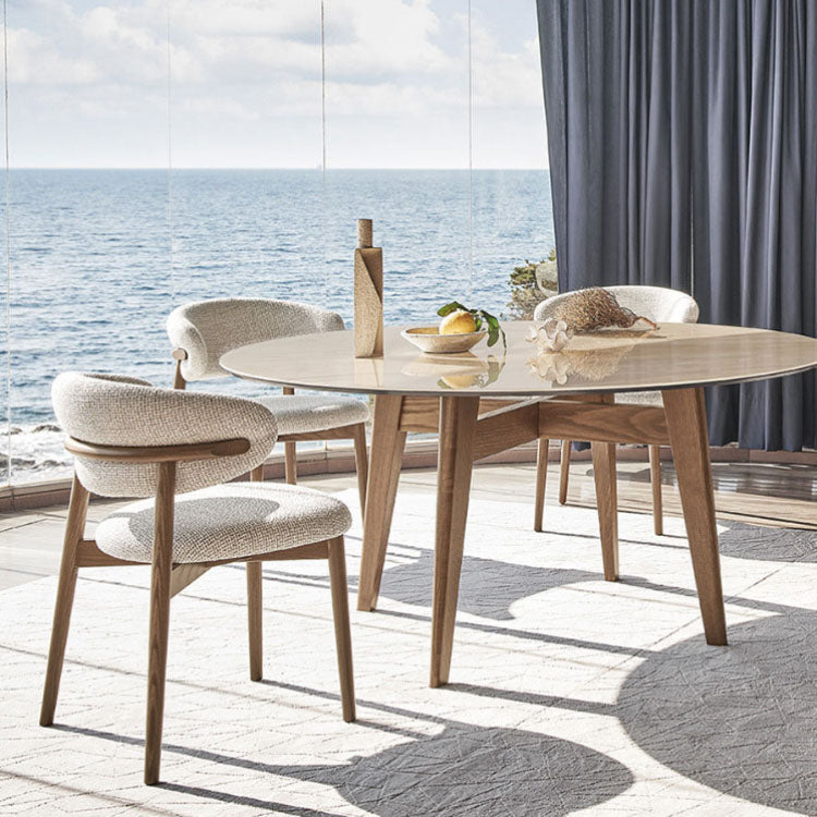Upholstered Arm Chair Modern Style Open Back Dining Chair with Wood Legs