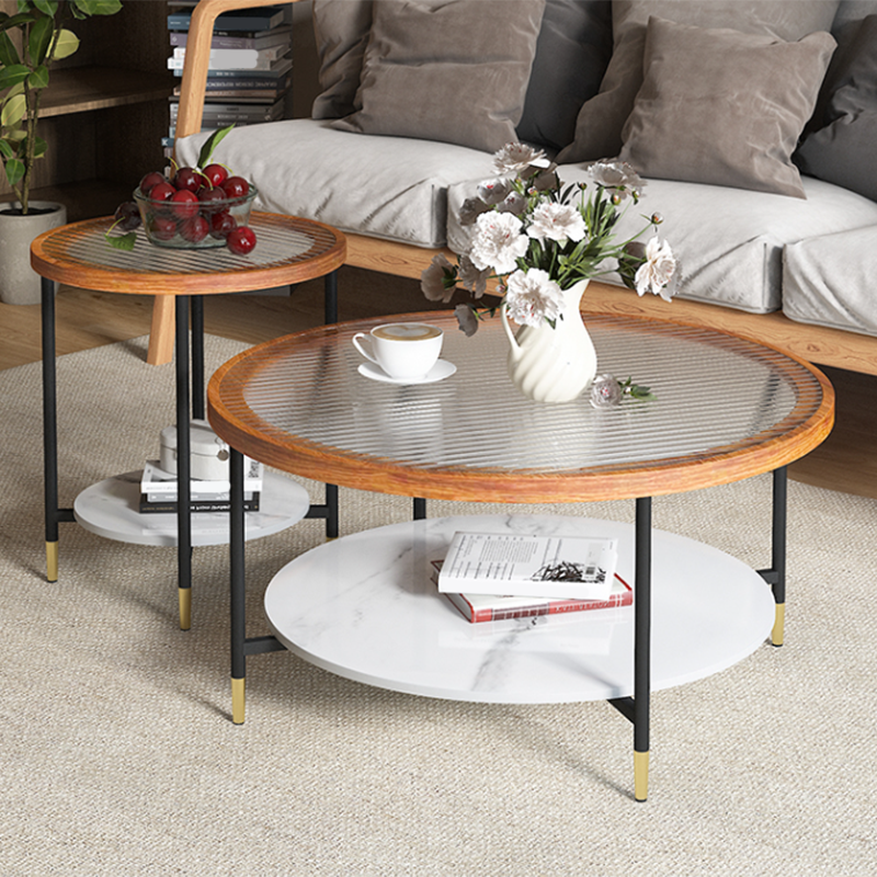 Glass & Slate Round Coffee Table Set Tropical Shelf Included Cocktail Table