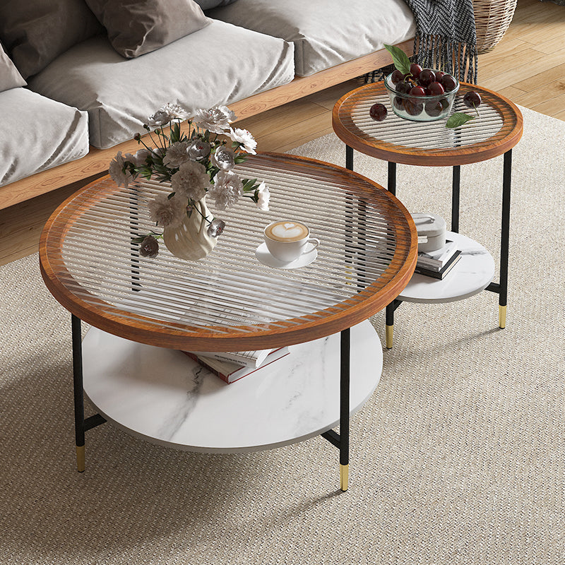 Glass & Slate Round Coffee Table Set Tropical Shelf Included Cocktail Table