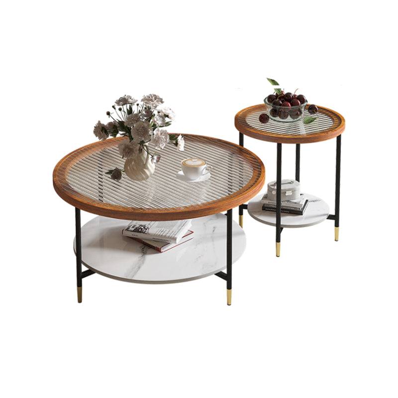 Glass & Slate Round Coffee Table Set Tropical Shelf Included Cocktail Table