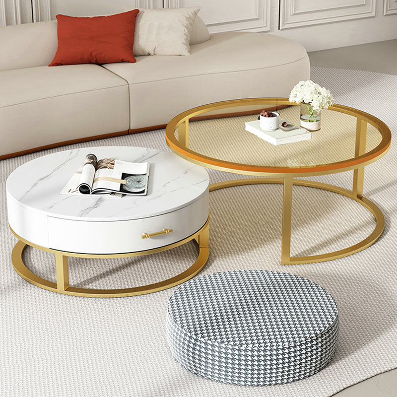 Gold Glass Top Coffee Table Set Frame Cocktail Table with Drawers