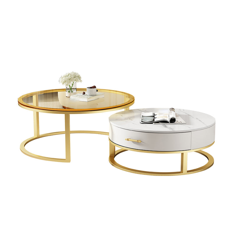 Gold Glass Top Coffee Table Set Frame Cocktail Table with Drawers