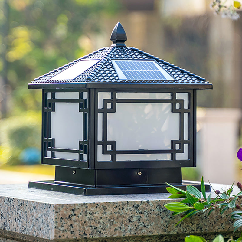 Square Shape Solar Pillar Lamp Contemporary Metal Outdoor Waterproof Light