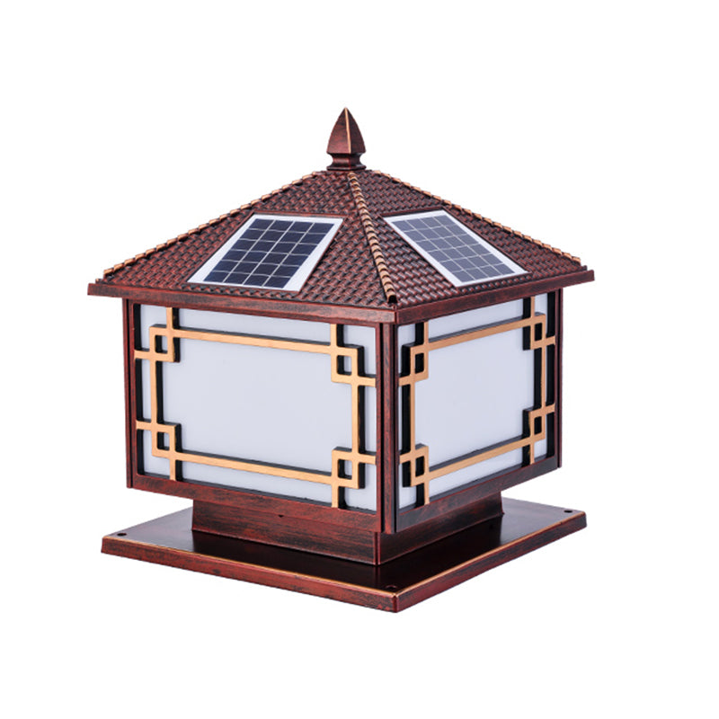 Square Shape Solar Pillar Lamp Contemporary Metal Outdoor Waterproof Light