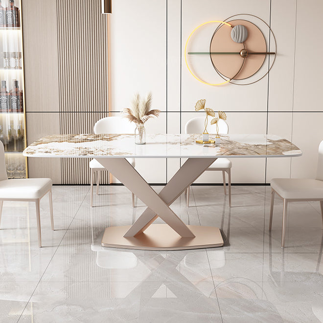 Glam Stone Rectangle Dining Table Metal Base for Dining Room