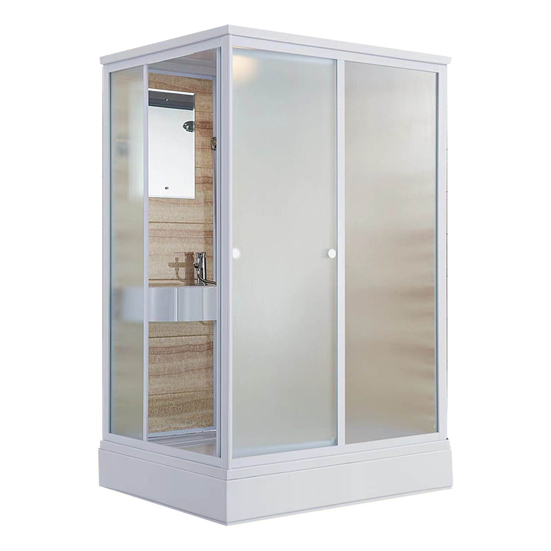 Framed White Shower Kit Corner Rectangle Frosted Shower Stall