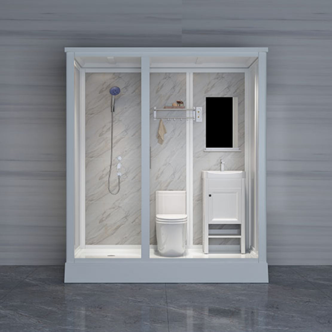 Framed White Shower Kit Corner Rectangle Frosted Shower Stall