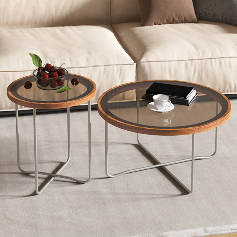 Round Glass Top Coffee Table Set Frame Cocktail Table with Wood Accent