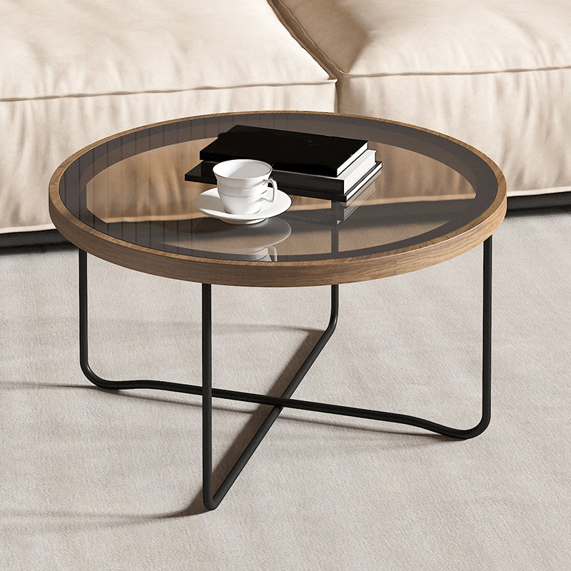 Round Glass Top Coffee Table Set Frame Cocktail Table with Wood Accent